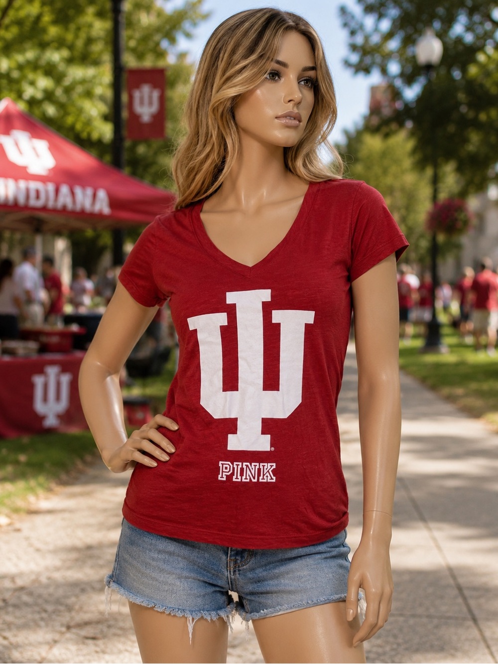 PINK Victoria’s Secret Indiana University V-Neck Tee Red Crimson Size M IU Fan